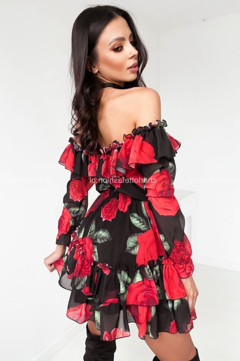 Red Roses Ruffle Off Shoulder Long Sleeve Dress Dresses