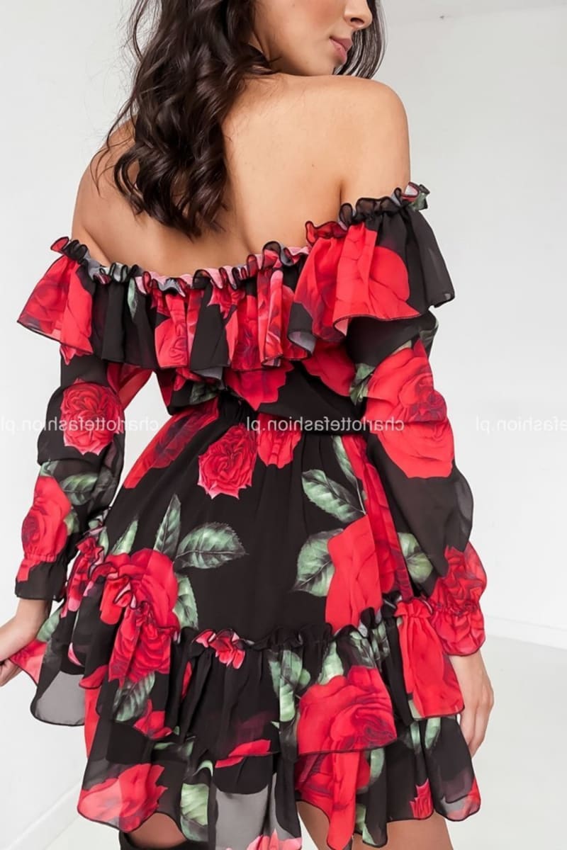 Red Roses Ruffle Off Shoulder Long Sleeve Dress Dresses