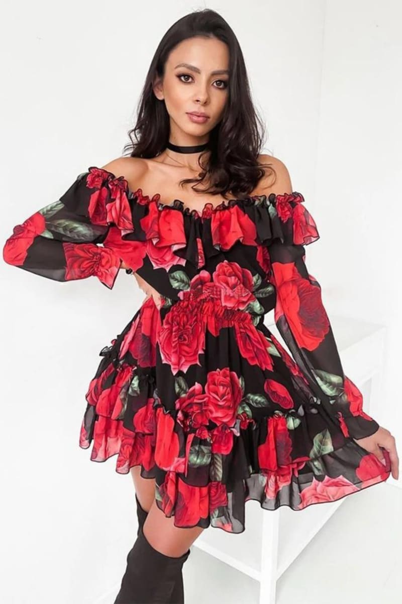 Red Roses Ruffle Off Shoulder Long Sleeve Dress Dresses