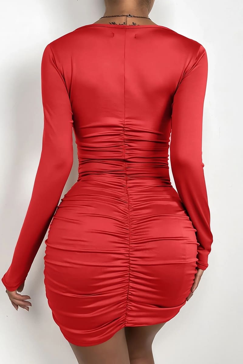 Red Ruched Long Sleeve Tie Front Cut Out Mini Dress