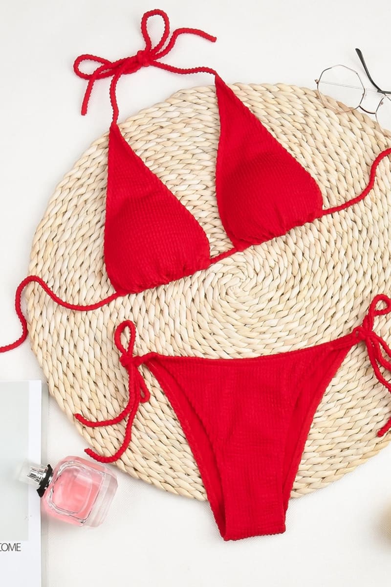 Red Triangle String Smocked Bikini