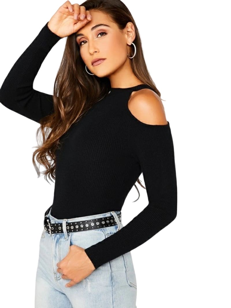 Rib Knit Mock Neck Cold Shoulder Shirt-Black Shirt