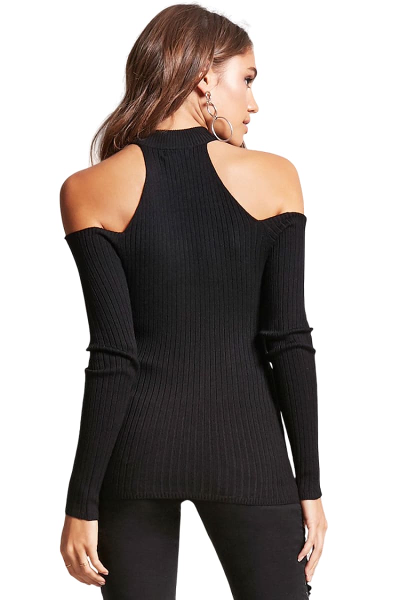 Rib Knit Mock Neck Cold Shoulder Shirt-Black Shirt