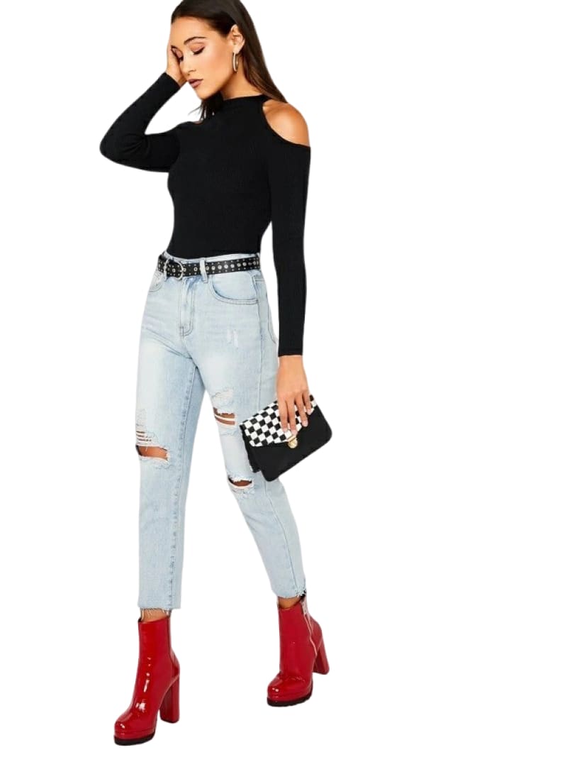 Rib Knit Mock Neck Cold Shoulder Shirt-Black Shirt