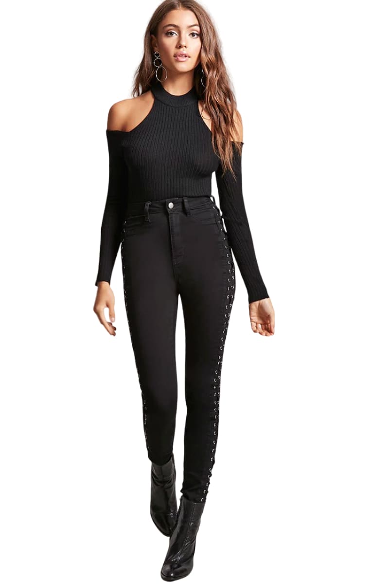 Rib Knit Mock Neck Cold Shoulder Shirt-Black Shirt