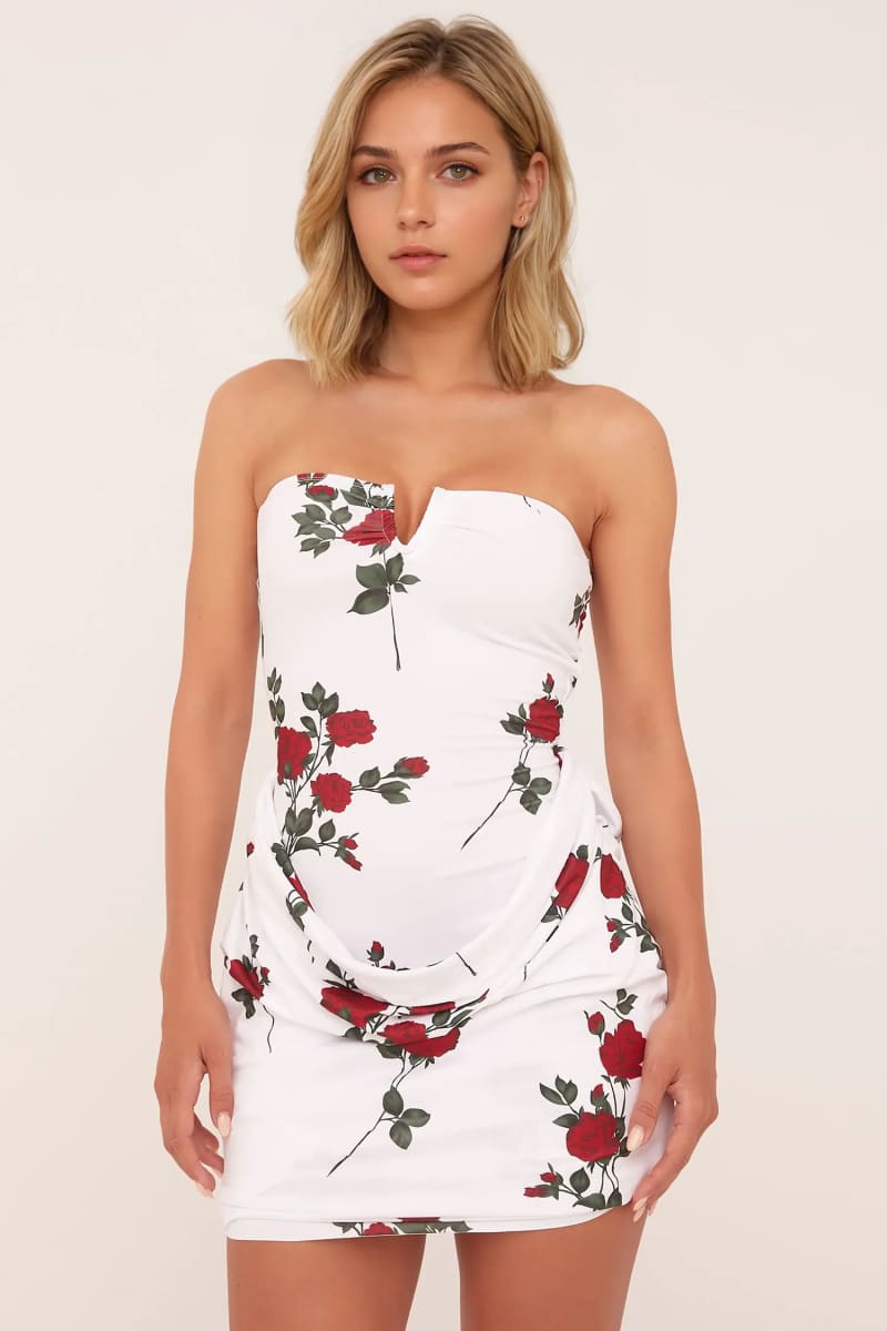 Rose Print Strapless Mini Dress