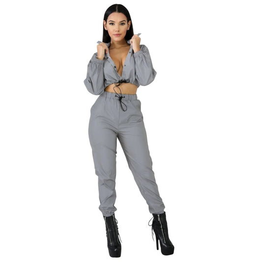 Shiny Reflective Womens Two Piece Tracksuit Co-Ord Set Pant Set