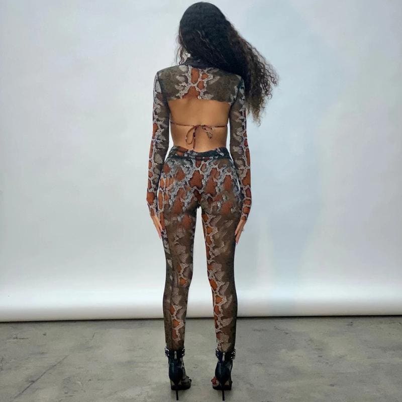 Snakeskin Crop Top Bra And Legging Three Piece Pant Set