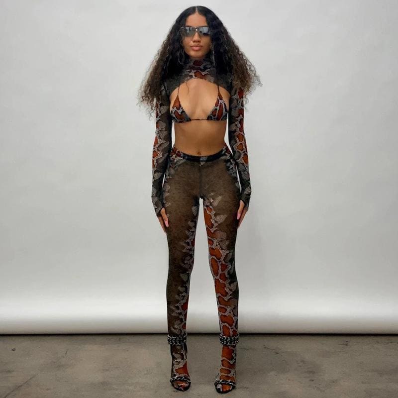 Snakeskin Crop Top Bra And Legging Three Piece Pant Set