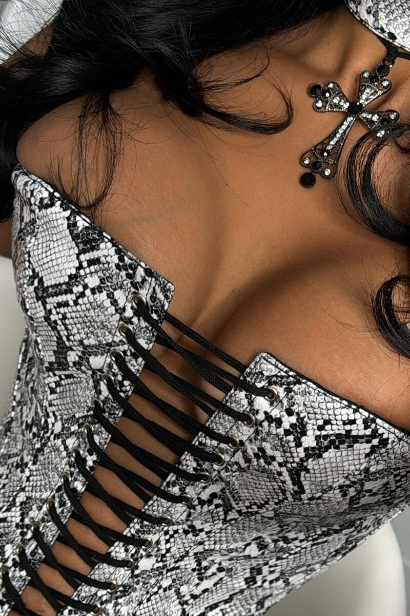 Snakeskin Print Lace-Up Bustier Top Shirts & Tops