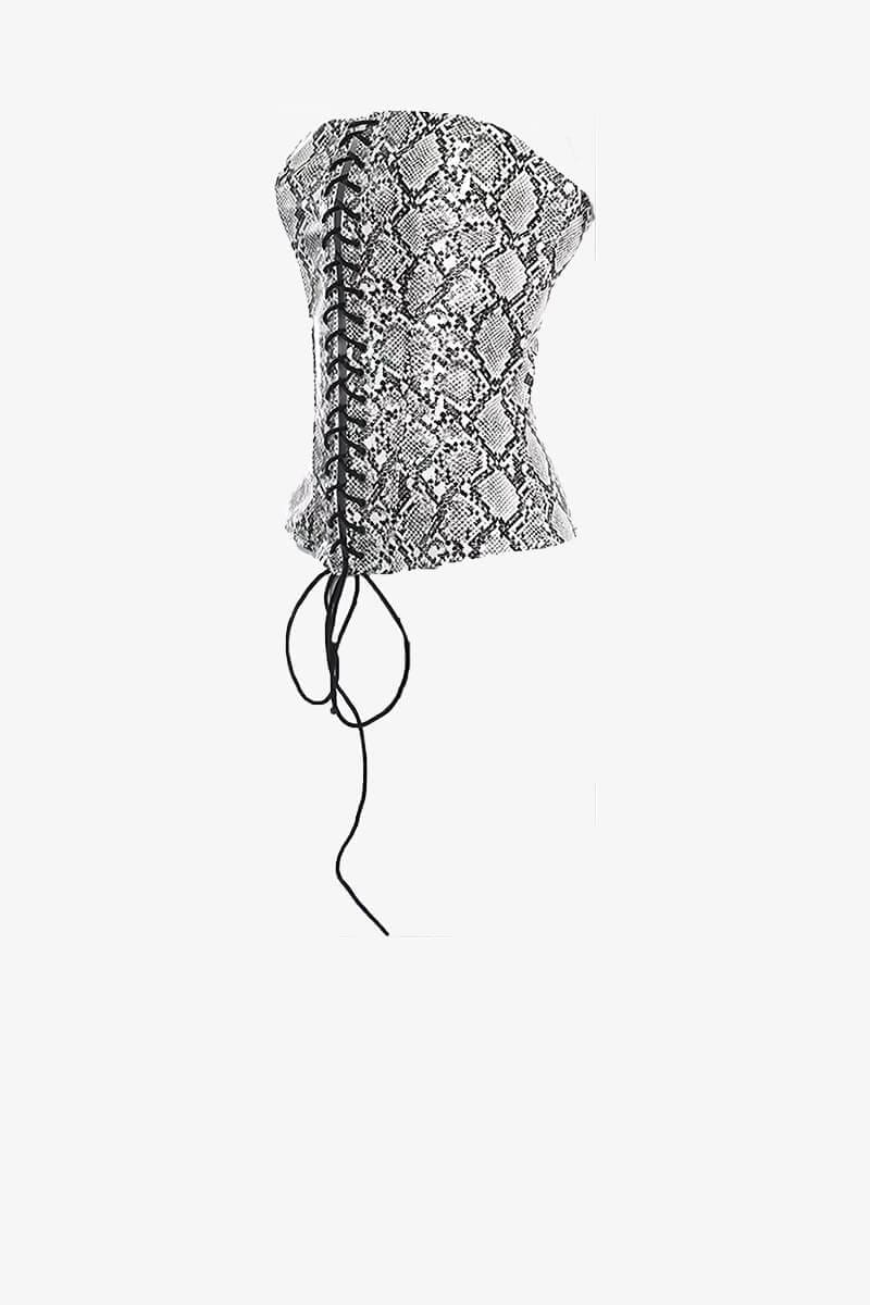 Snakeskin Print Lace-Up Bustier Top Shirts & Tops