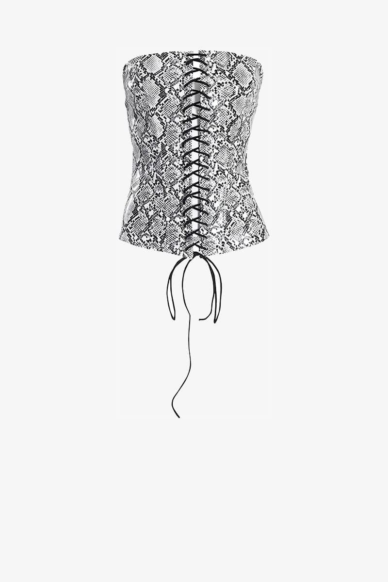 Snakeskin Print Lace-Up Bustier Top Shirts & Tops