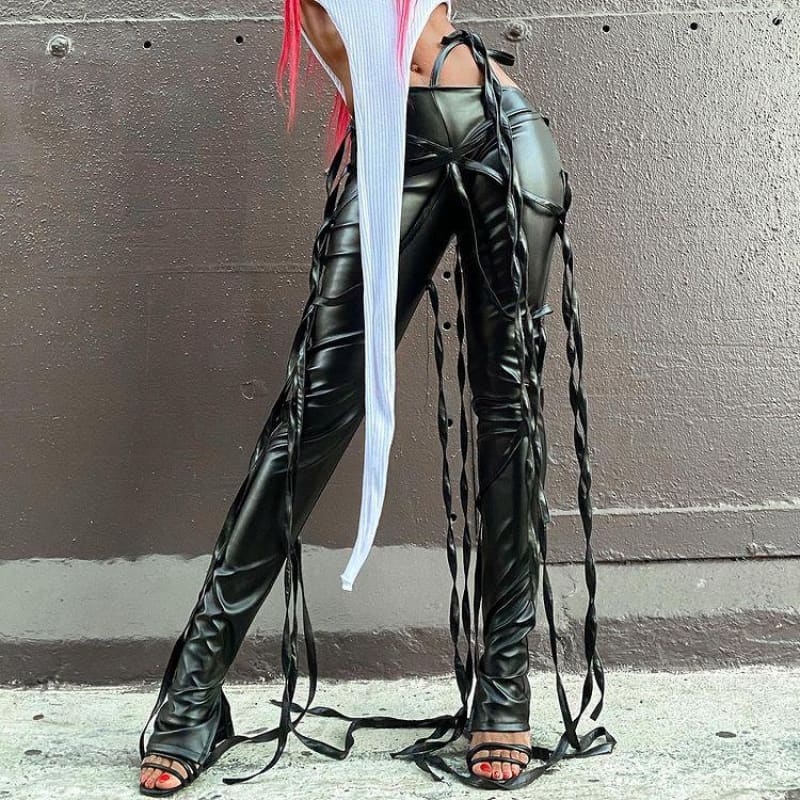 Strappy Faux Leather Flare Ankle Stack Pant