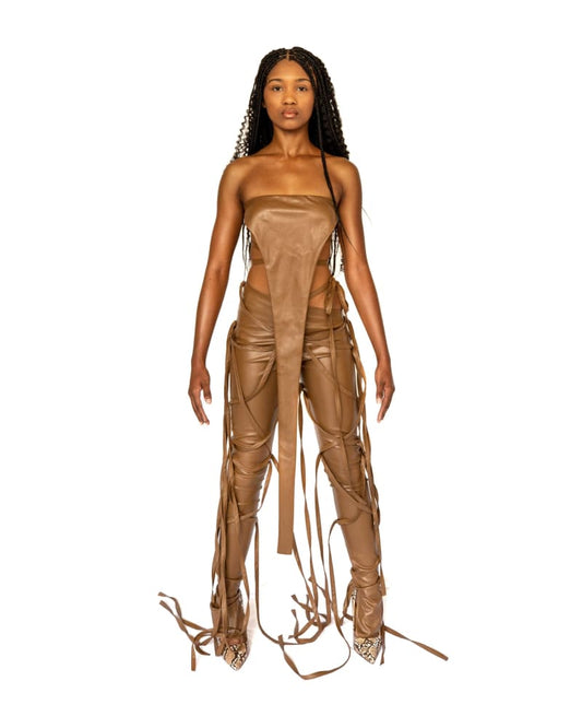 Strappy Brown Faux Leather Flare Ankle Stack Pant