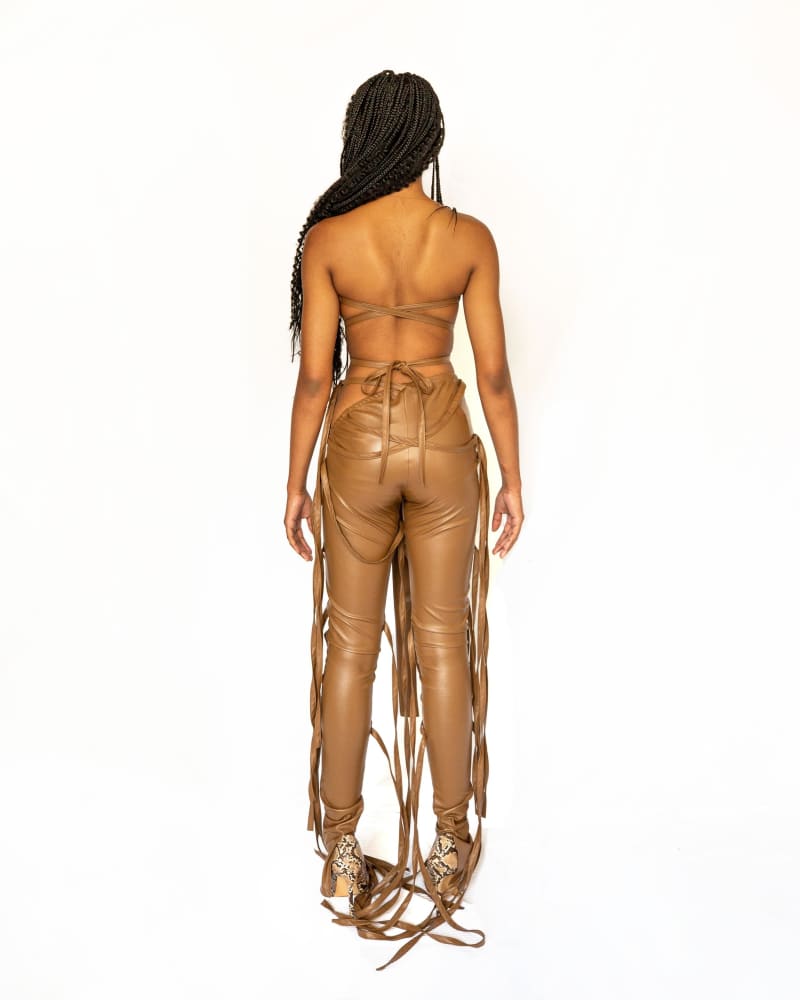 Strappy Brown Faux Leather Flare Ankle Stack Pant