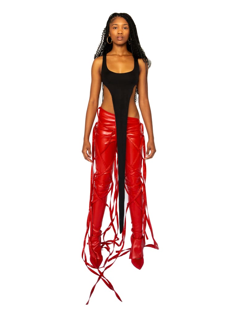 Strappy Red Faux Leather Flare Ankle Stack Pant