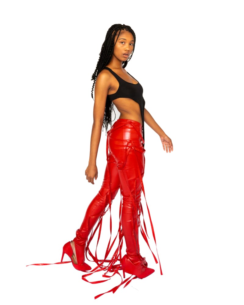 Strappy Red Faux Leather Flare Ankle Stack Pant