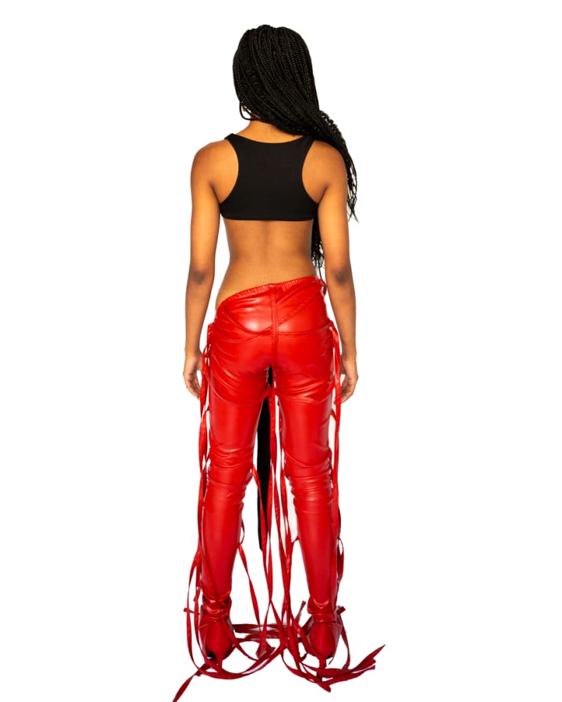 Strappy Red Faux Leather Flare Ankle Stack Pant