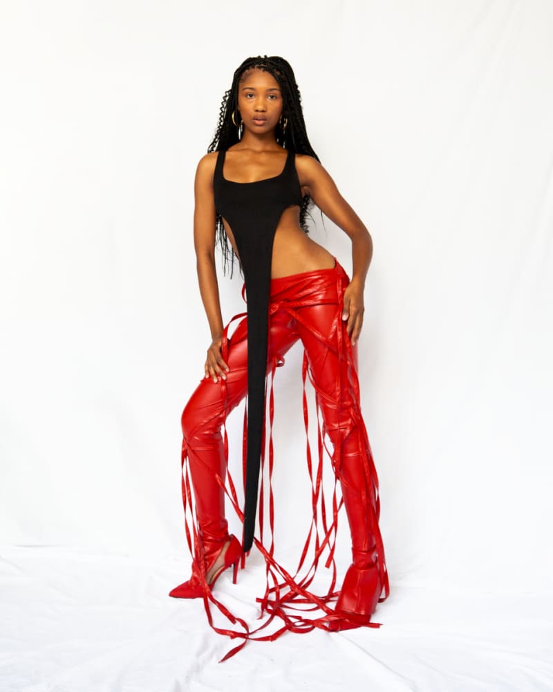 Strappy Red Faux Leather Flare Ankle Stack Pant