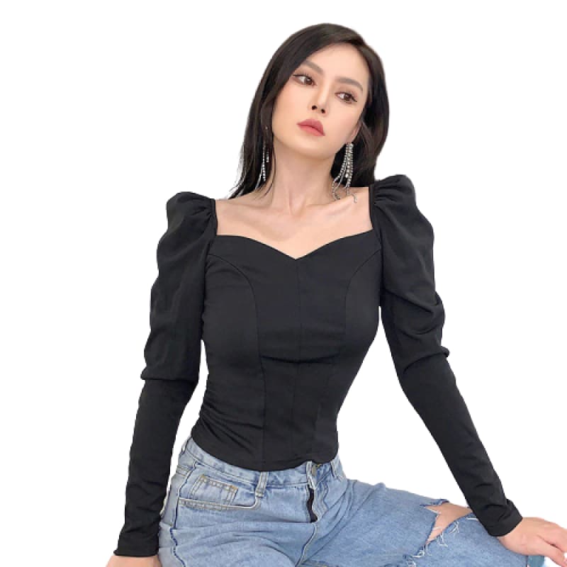 Square Sweetheart Neckline Puffed Long Sleeves Womens Black Blouse Shirt Top Shirt