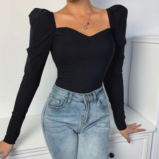 Square Sweetheart Neckline Puffed Long Sleeves Womens Black Blouse Shirt Top Shirt