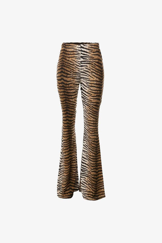 Tiger Print High Waisted Flare Pants Brown / L