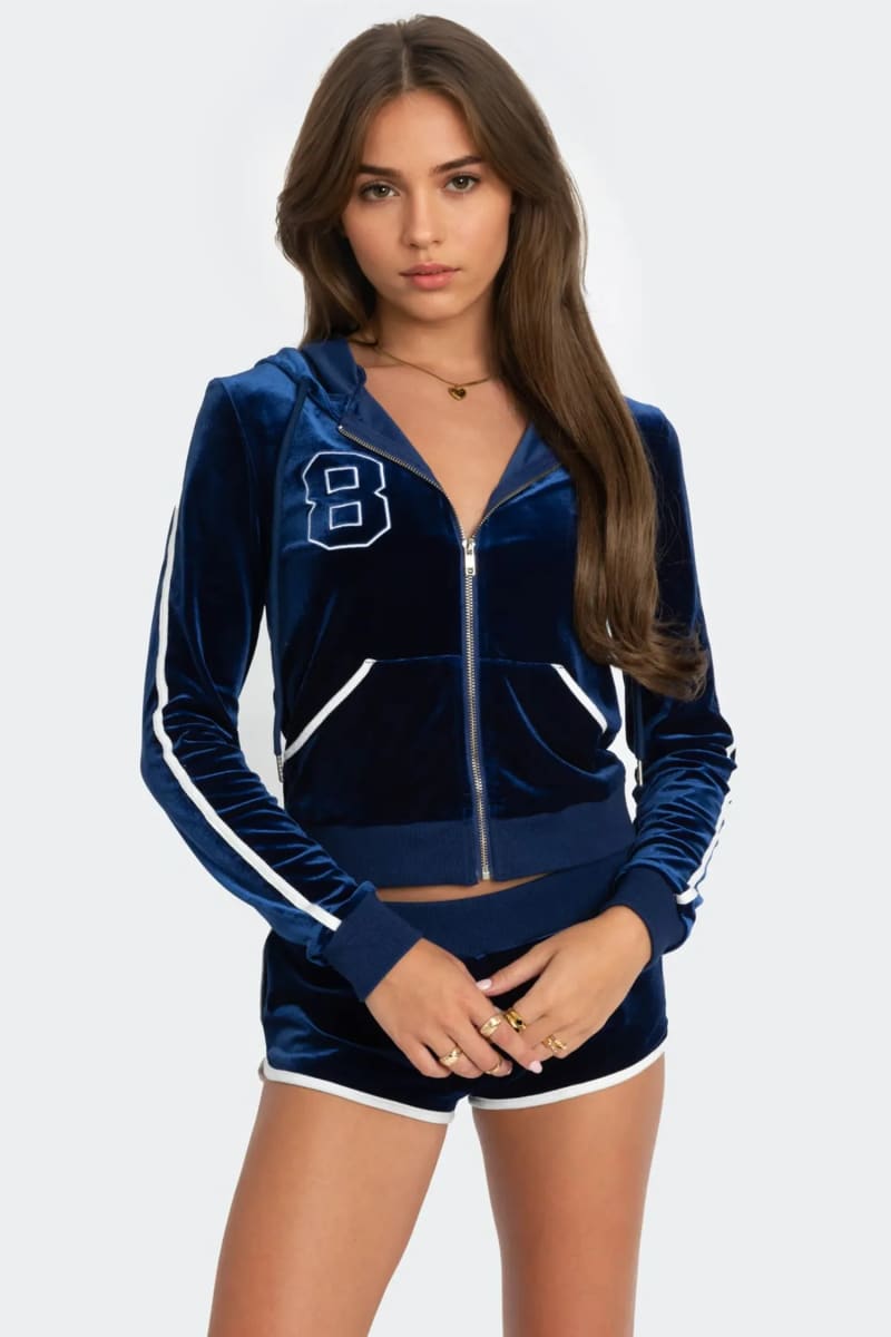 Velvet Zip-Up Hoodie & Short Shorts Set Blue / S