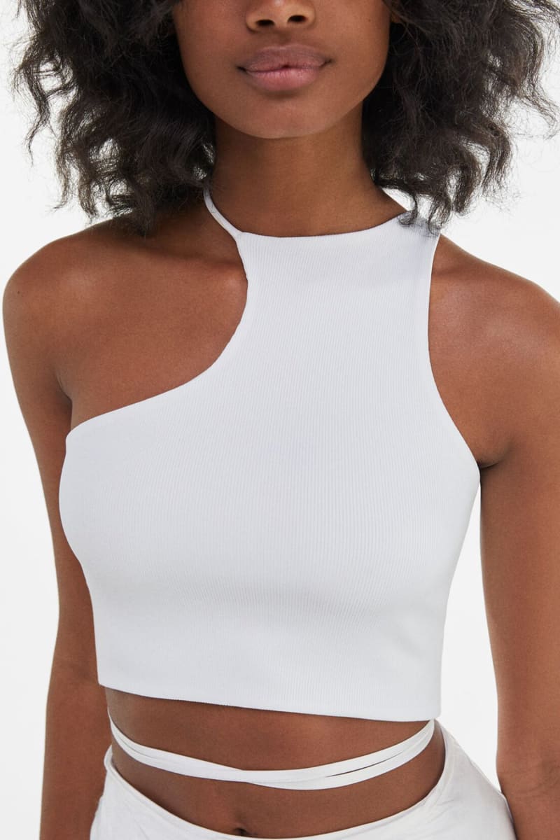 White Asymmetrical Halter One Shoulder Crop Top Shirts & Tops