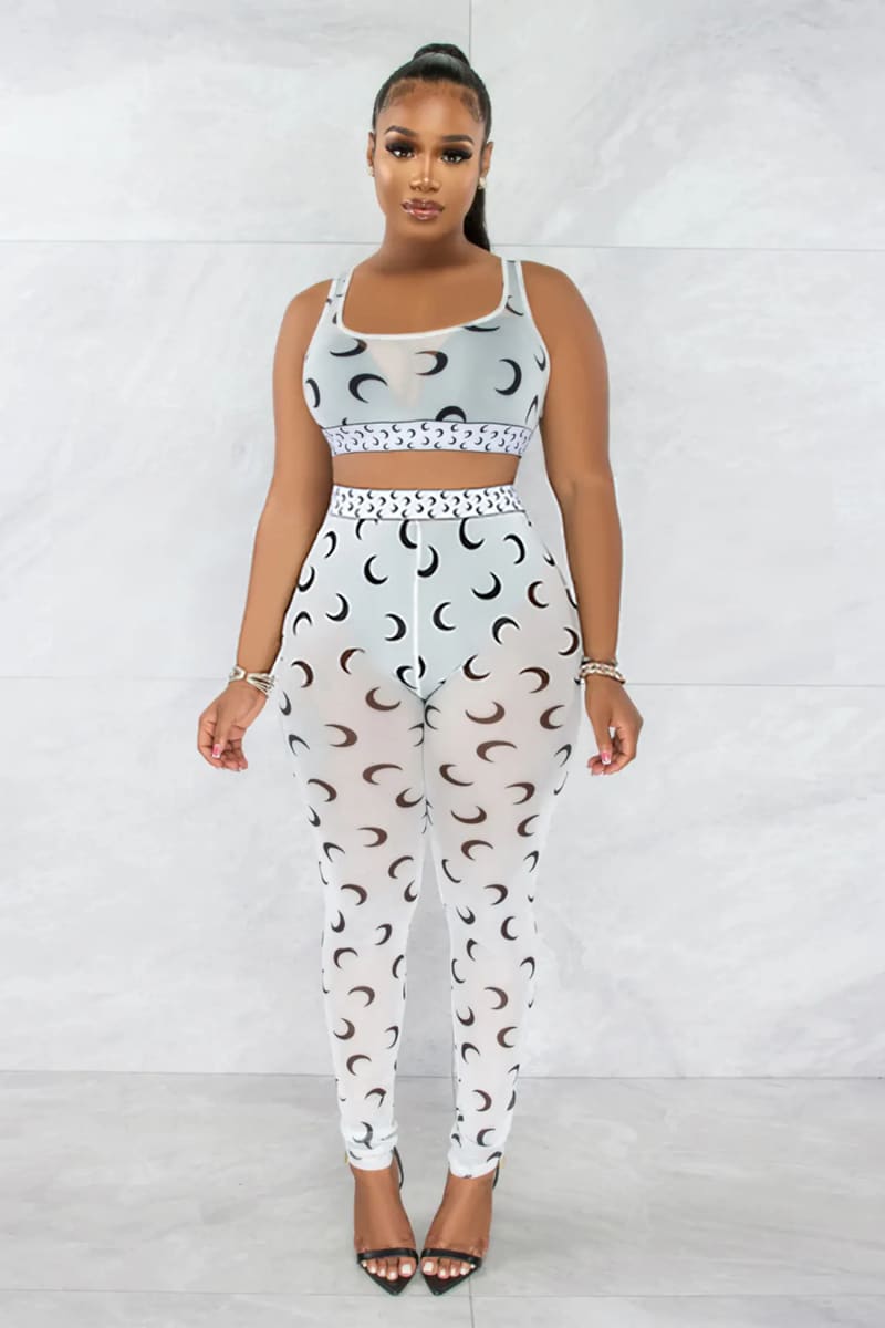 White Crescent Moon Print Cropped Tank Top & Mesh Leggings Set