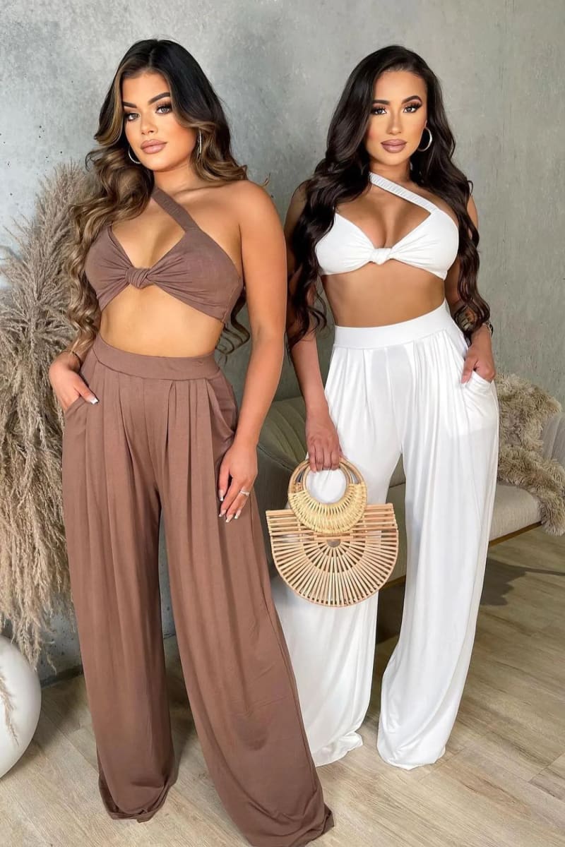 White Crop Top And High Waisted Palazzo Pants Set