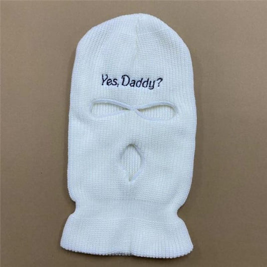 White Embroidered "Yes Daddy?" Ski Mask