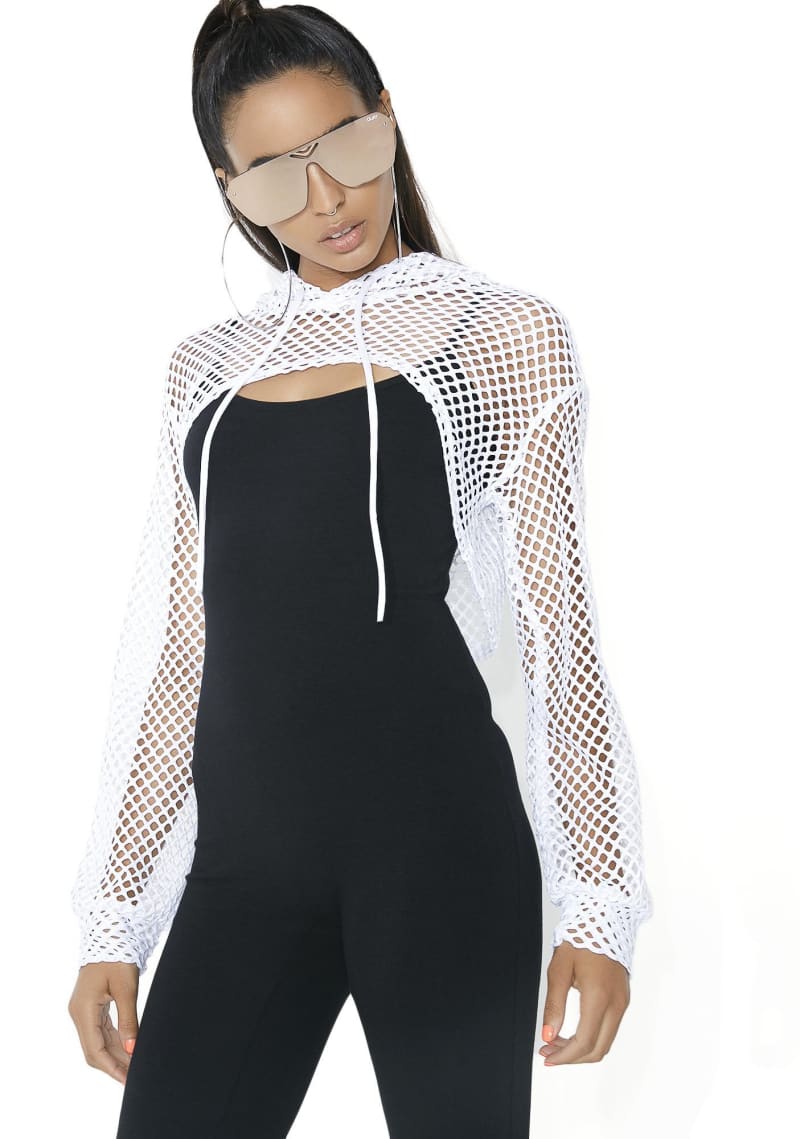 Womens White Fishnet Long Sleeve Shrug Hooded Crop Top Shrug