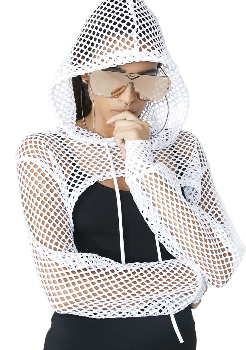 Womens White Fishnet Long Sleeve Shrug Hooded Crop Top Shrug