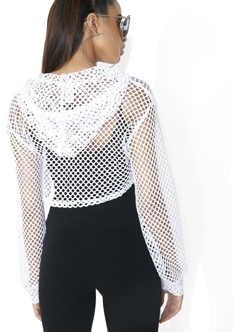 Womens White Fishnet Long Sleeve Shrug Hooded Crop Top Shrug