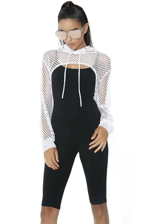 Womens White Fishnet Long Sleeve Shrug Hooded Crop Top Shrug