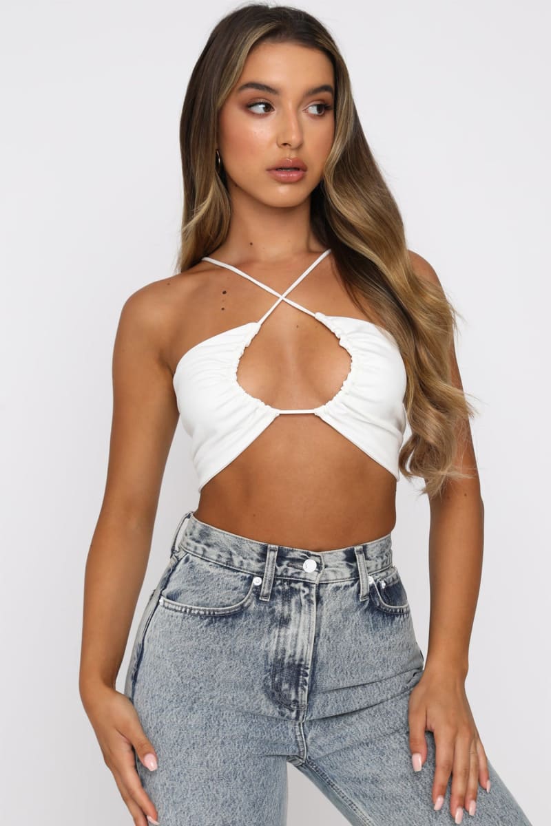 White Halter Cross Over Neck Cut Out Ruched Crop Top Shirts & Tops