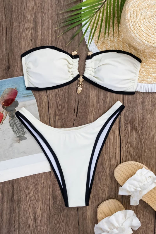 Two-Piece White Bandeau Bikini with High Cut Cheeky Bottoms and Decorative Gold Pieces