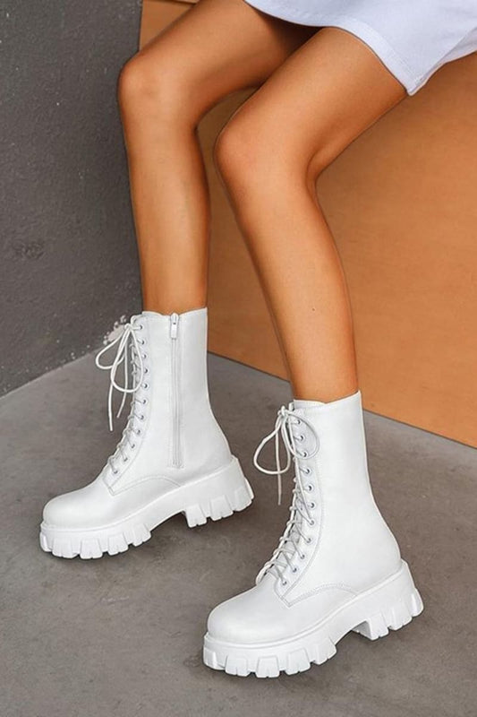 White Lace Up Mid Calf Boots 4 / Shoes