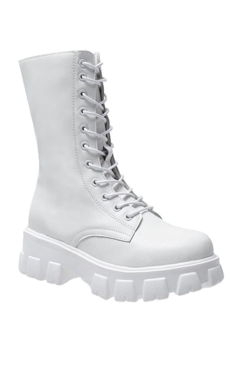 White Lace Up Mid Calf Boots Shoes