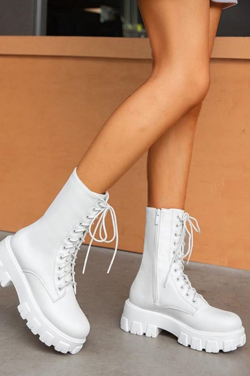 White Lace Up Mid Calf Boots Shoes