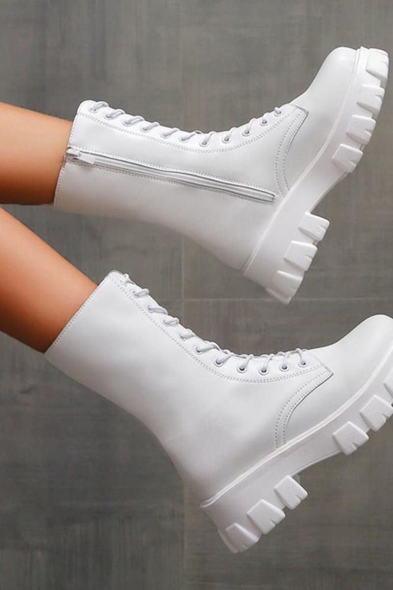 White Lace Up Mid Calf Boots Shoes