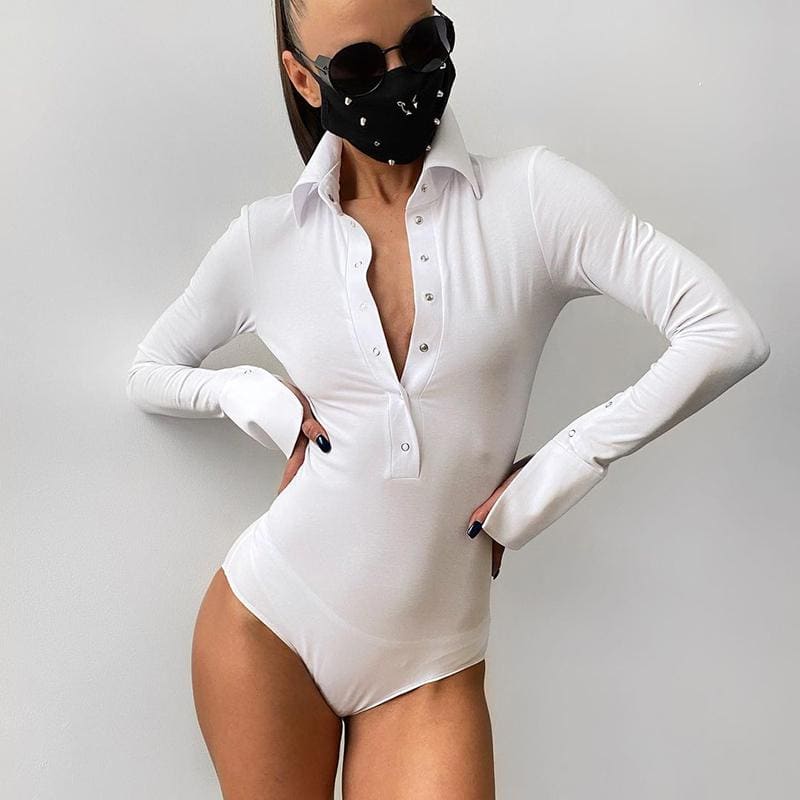 Long Sleeve White Bodysuit Sexy Women Spread Collar Button Skinny Casual Bodysuit