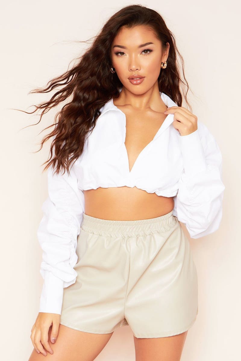 White Long Puff Ruched Sleeve Crop Top Shirts & Tops