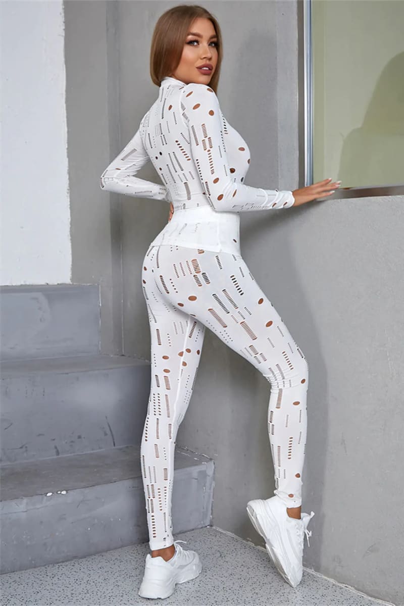 White Long Sleeve Cut Out Top & Ripped Leggings Set Outfit Sets