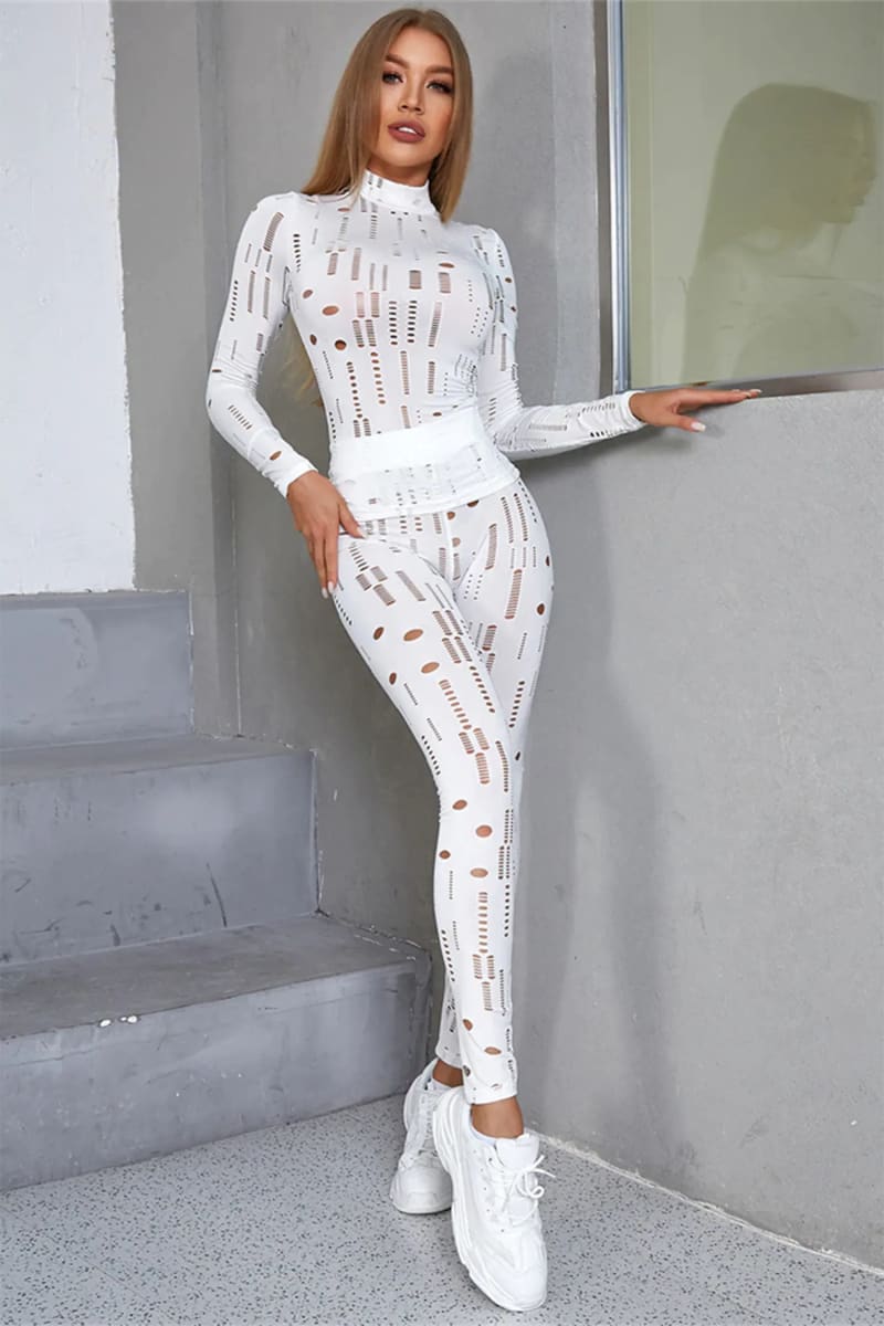 White Long Sleeve Cut Out Top & Ripped Leggings Set Outfit Sets