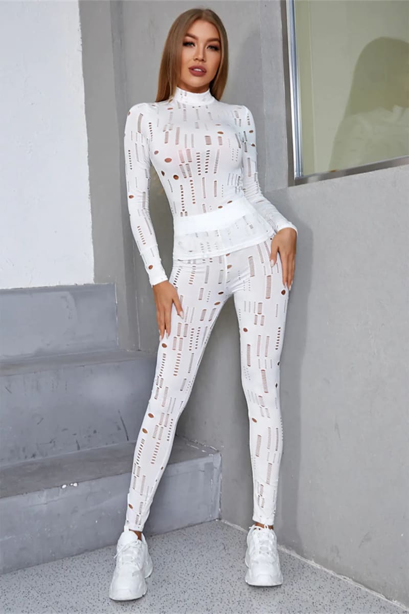 White Long Sleeve Cut Out Top & Ripped Leggings Set Outfit Sets