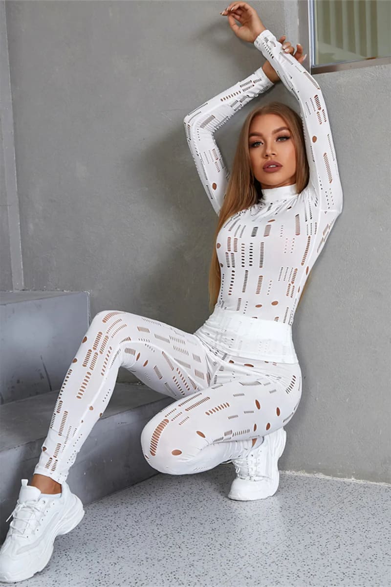 White Long Sleeve Cut Out Top & Ripped Leggings Set / S Outfit Sets