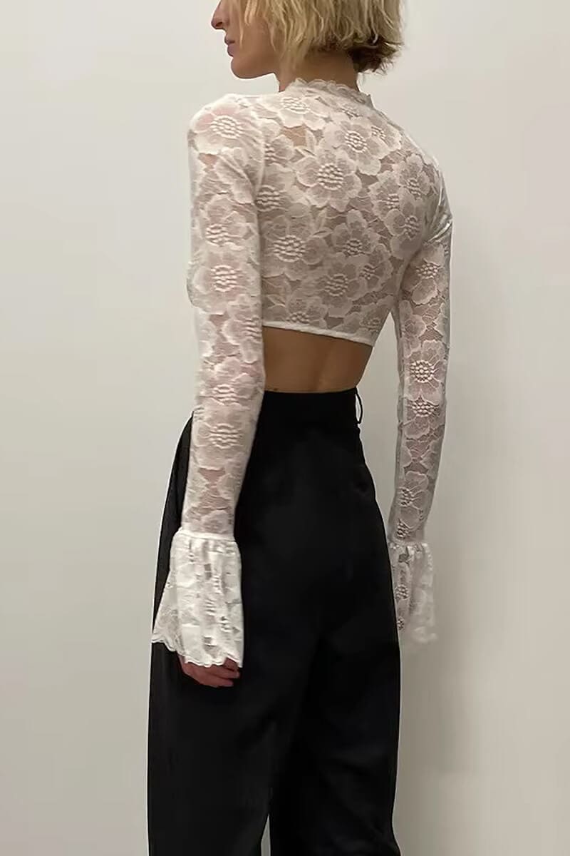 White Long Sleeve High Neck Lace Crop Top