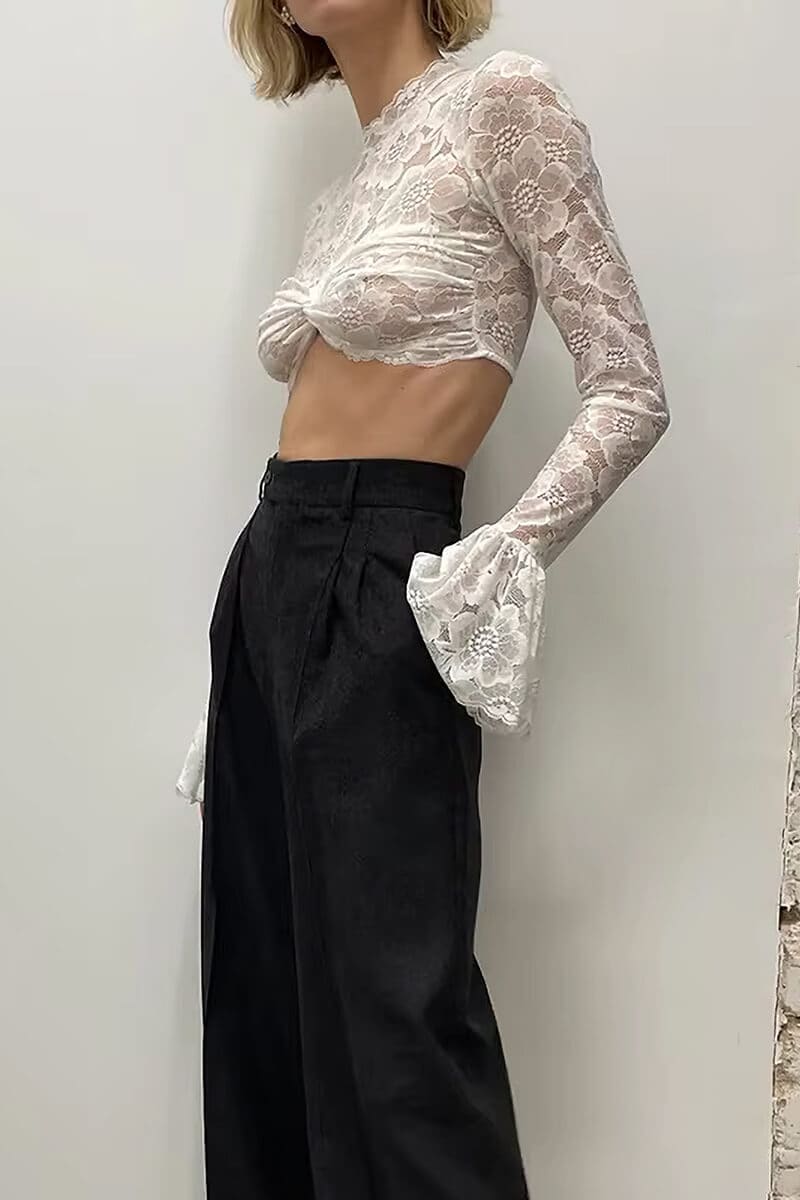 White Long Sleeve High Neck Lace Crop Top