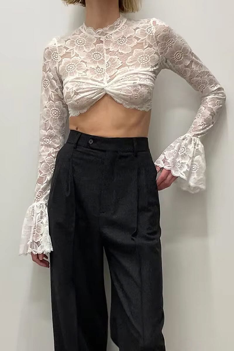 White Long Sleeve High Neck Lace Crop Top / S